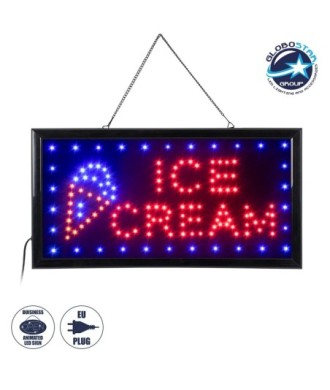 GloboStar® 75691 Φωτιστικό Ταμπέλα LED Ορθογώνια Σήμανσης ICE CREAM με Πρίζα AC 230V Μ48 x Π25 x Υ2cm